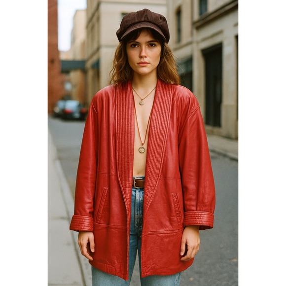 Rare Vintage Tibor Red Leather Oversized Kimono Jacket Coat 1X Retro 80s Size - Picture 1 of 10
